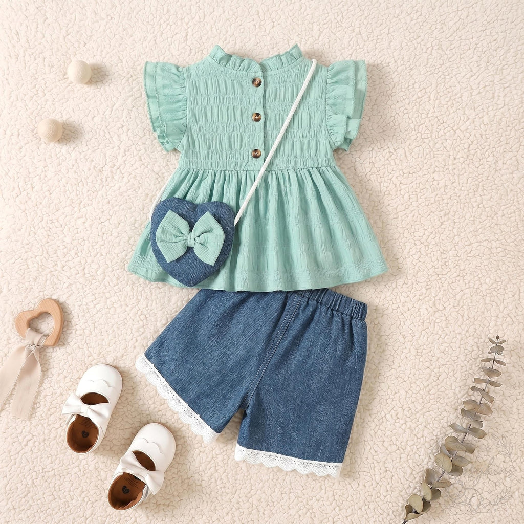 Bambini Craft™ Dolce Mint Ruffle Top, Lace Denim Shorts & Heart Bag 3-Piece Artisan Summer Set