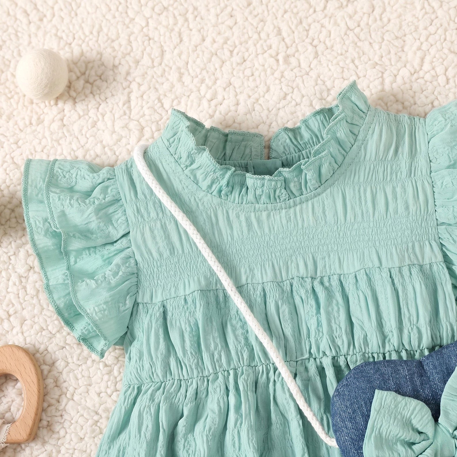Bambini Craft™ Dolce Mint Ruffle Top, Lace Denim Shorts & Heart Bag 3-Piece Artisan Summer Set
