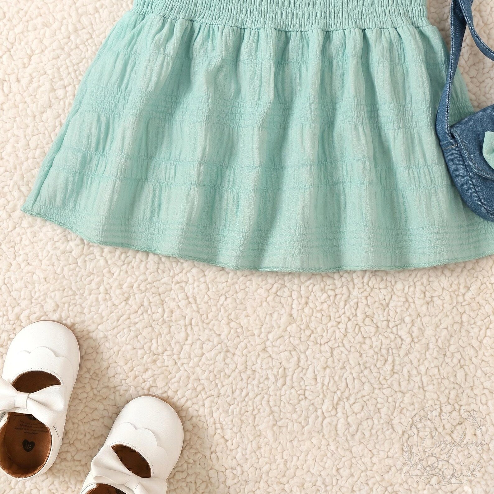 Bambini Craft™ Dolce Mint Ruffle Top, Lace Denim Shorts & Heart Bag 3-Piece Artisan Summer Set