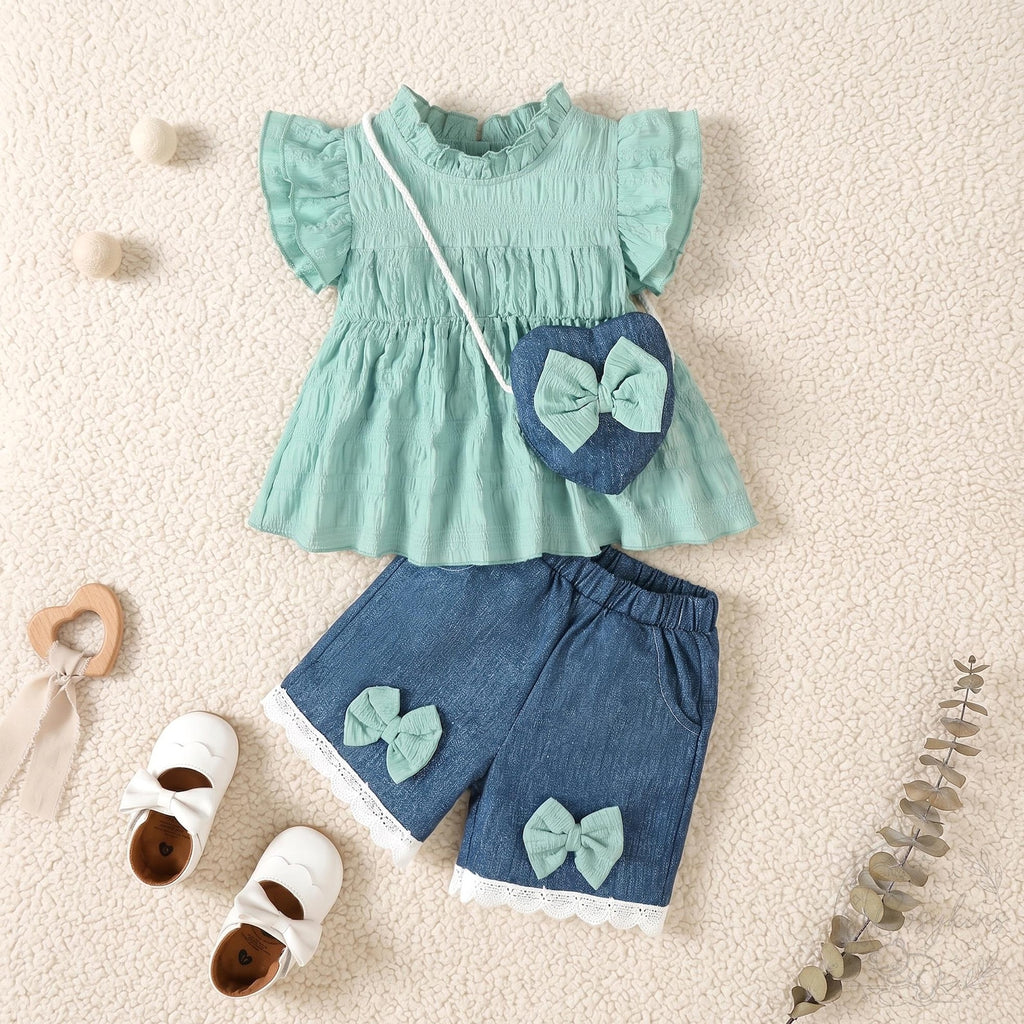 Bambini Craft™ Dolce Mint Ruffle Top, Lace Denim Shorts & Heart Bag 3-Piece Artisan Summer Set