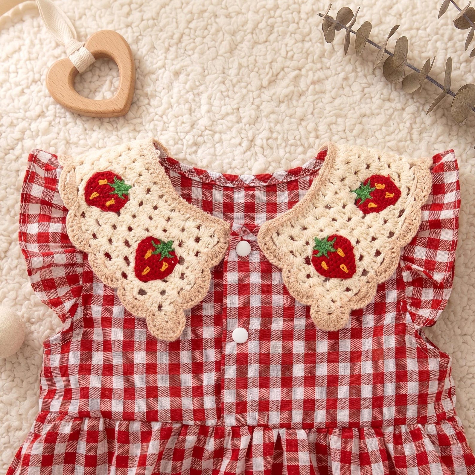 Bambini Craft™ Fragola Strawberry Hand-Crochet Collar Red Gingham Artisan Summer Sundress