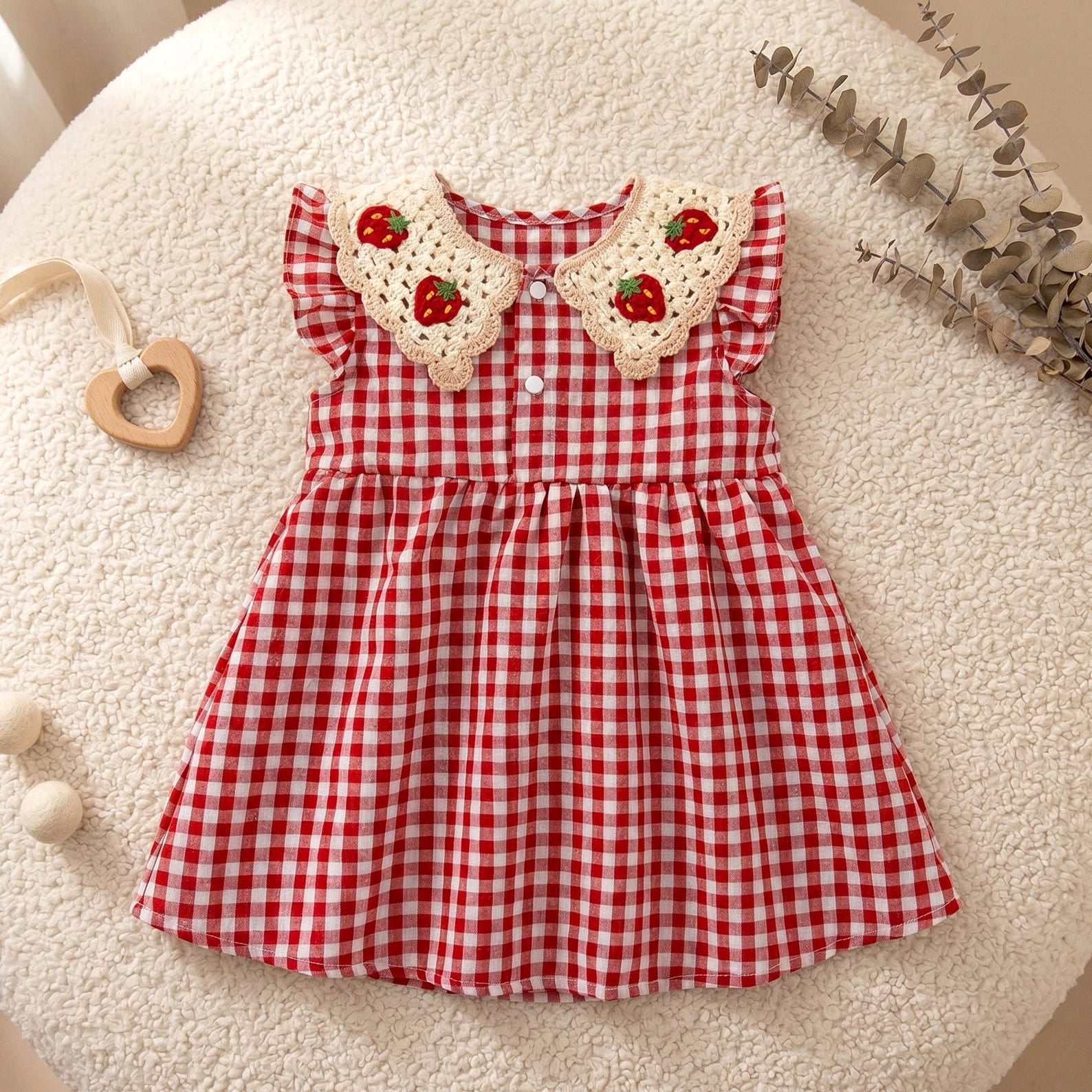 Bambini Craft™ Fragola Strawberry Hand-Crochet Collar Red Gingham Artisan Summer Sundress