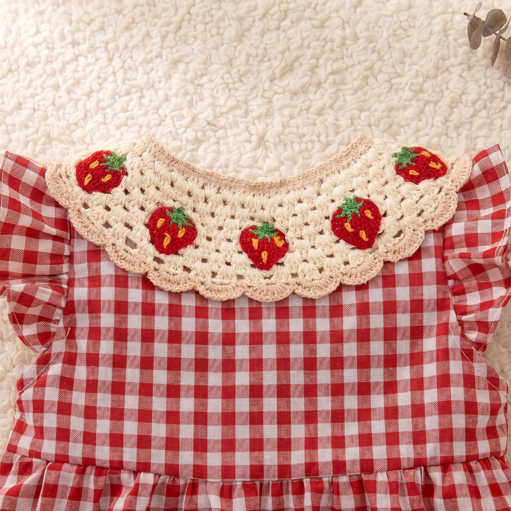 Bambini Craft™ Fragola Strawberry Hand-Crochet Collar Red Gingham Artisan Summer Sundress