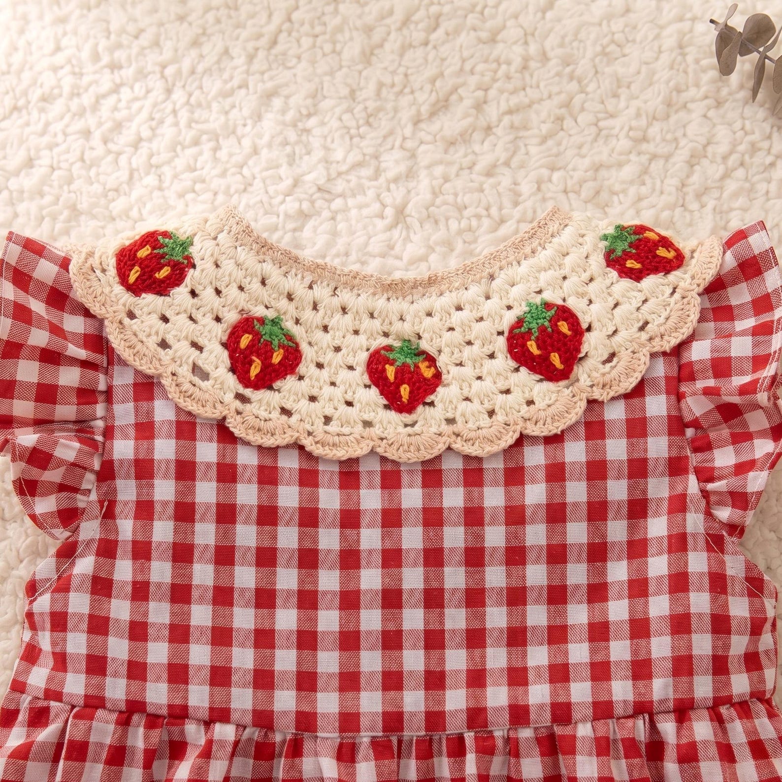Bambini Craft™ Fragola Strawberry Hand-Crochet Collar Red Gingham Artisan Summer Sundress