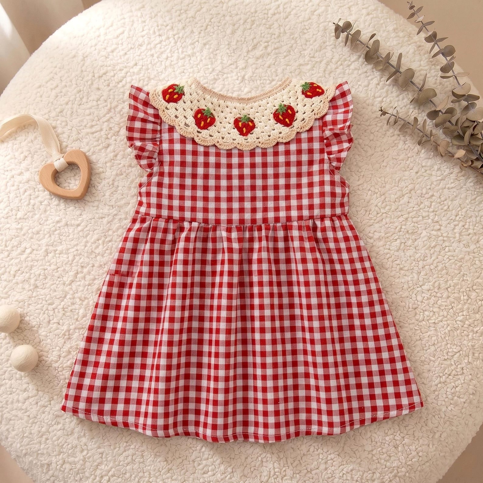 Bambini Craft™ Fragola Strawberry Hand-Crochet Collar Red Gingham Artisan Summer Sundress